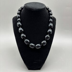 Vintage 1960s Black Chunky Plastic Bead Statement Necklace Hand Knotted 18"